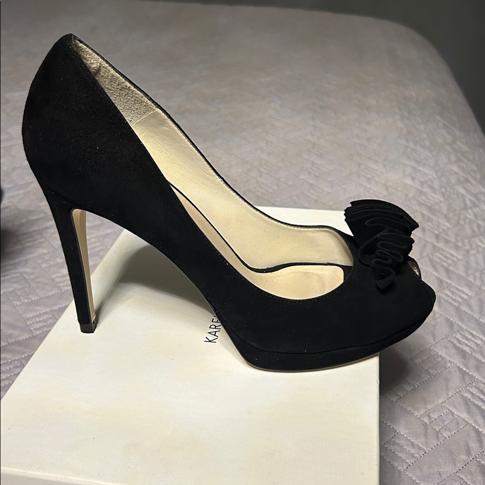 Karen Millen Black Peep-Toe Heels with Ruffle Detail